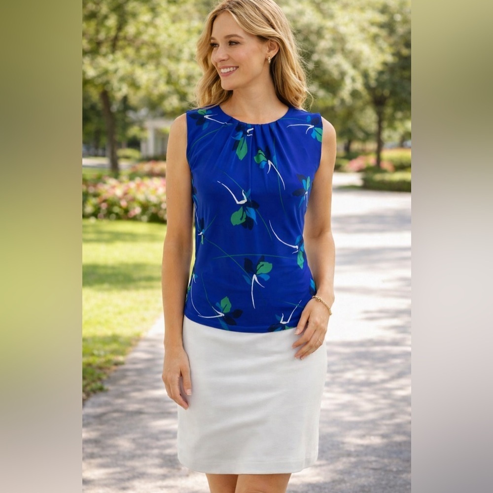 Calvin Klein Blue with Green floral Sleeveless Fitted Blouse Round Neck Size XS